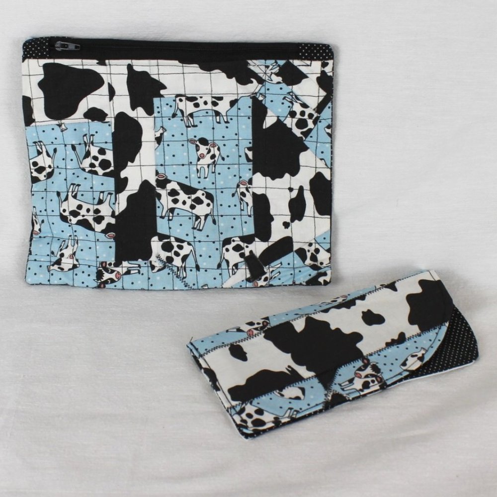 Cow Blue & Black Zippered Pouch and Sunglass Case- Matching Set -Handmade- Lined